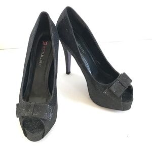JUST FAB Stilettos Heels Peep Toe Black Pumps Shimmer Party Women’s Size 10